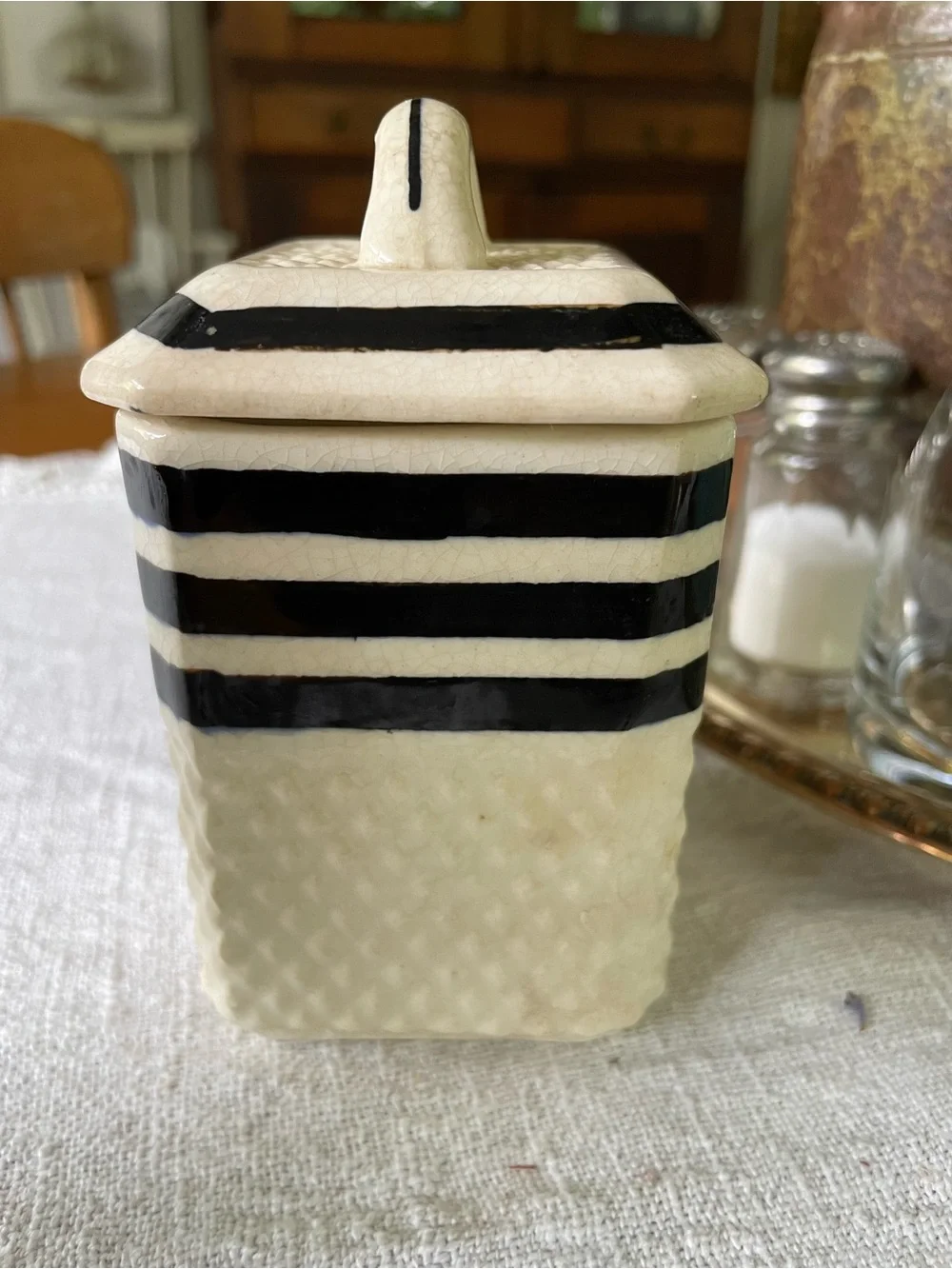 Vintage Hand Painted Japan Striped Ceramic Pepper Canister - Black and Cream